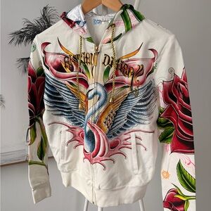 White Graphic Zip-Up cropped Hoodie with Swan & Rose Design